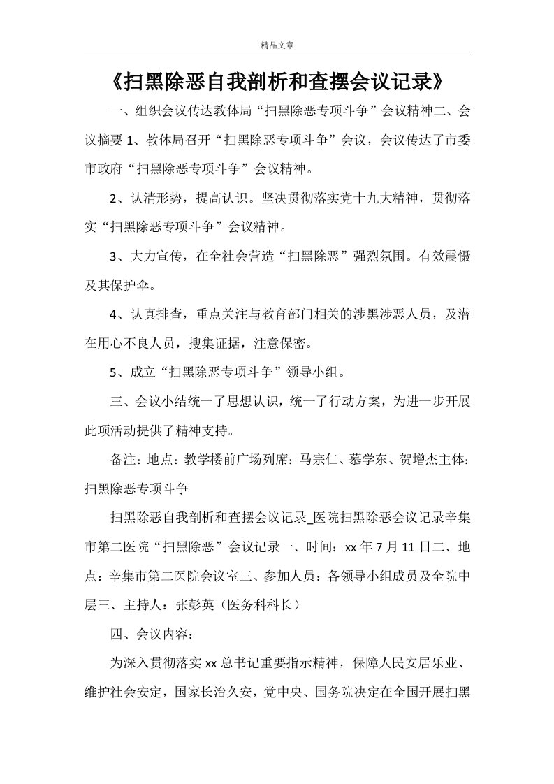 《扫黑除恶自我剖析和查摆会议记录》