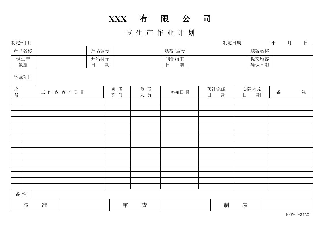 生产管理-APQP试生产作业计划