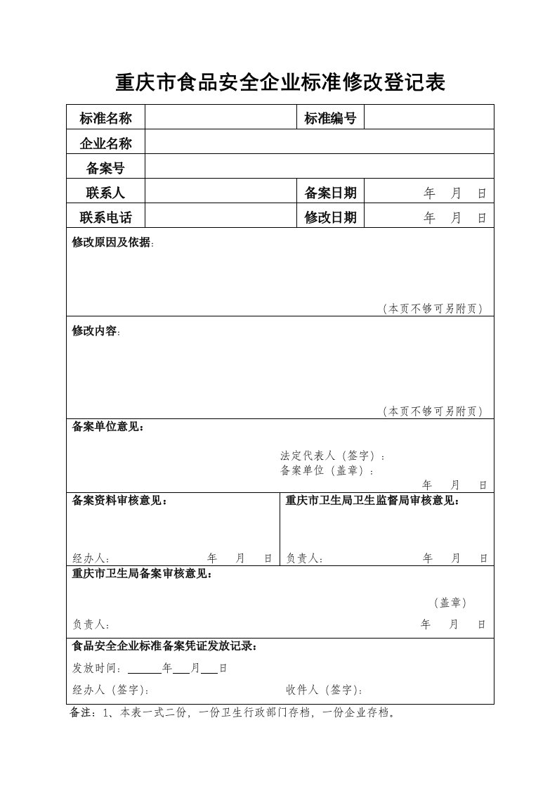 重庆市食品安全企业标准修改登记表