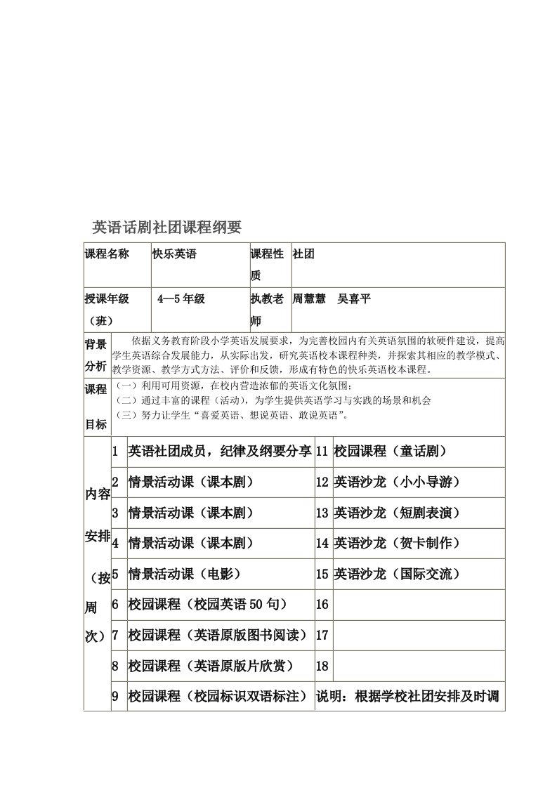 英语话剧社团课程纲要