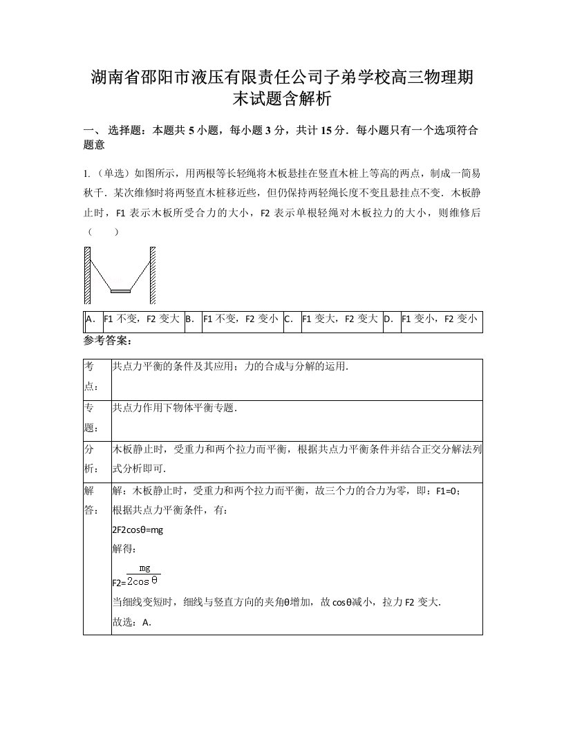 湖南省邵阳市液压有限责任公司子弟学校高三物理期末试题含解析