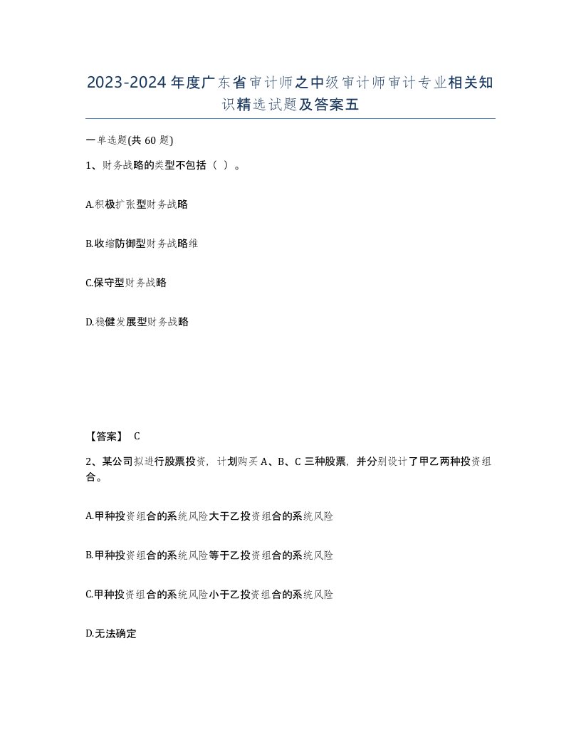 2023-2024年度广东省审计师之中级审计师审计专业相关知识试题及答案五