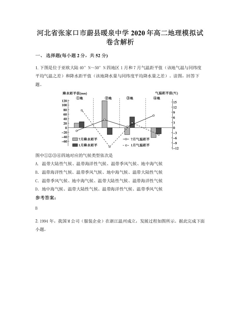 河北省张家口市蔚县暖泉中学2020年高二地理模拟试卷含解析