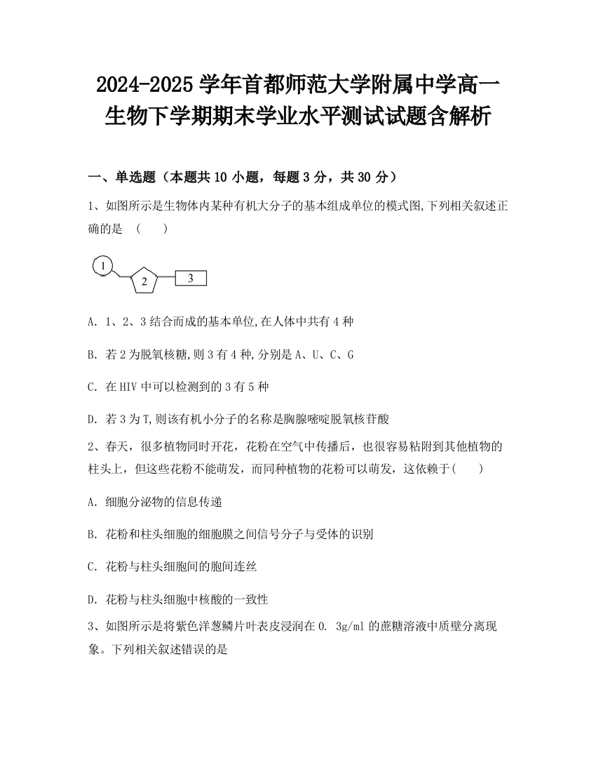 2024-2025学年首都师范大学附属中学高一生物下学期期末学业水平测试试题含解析