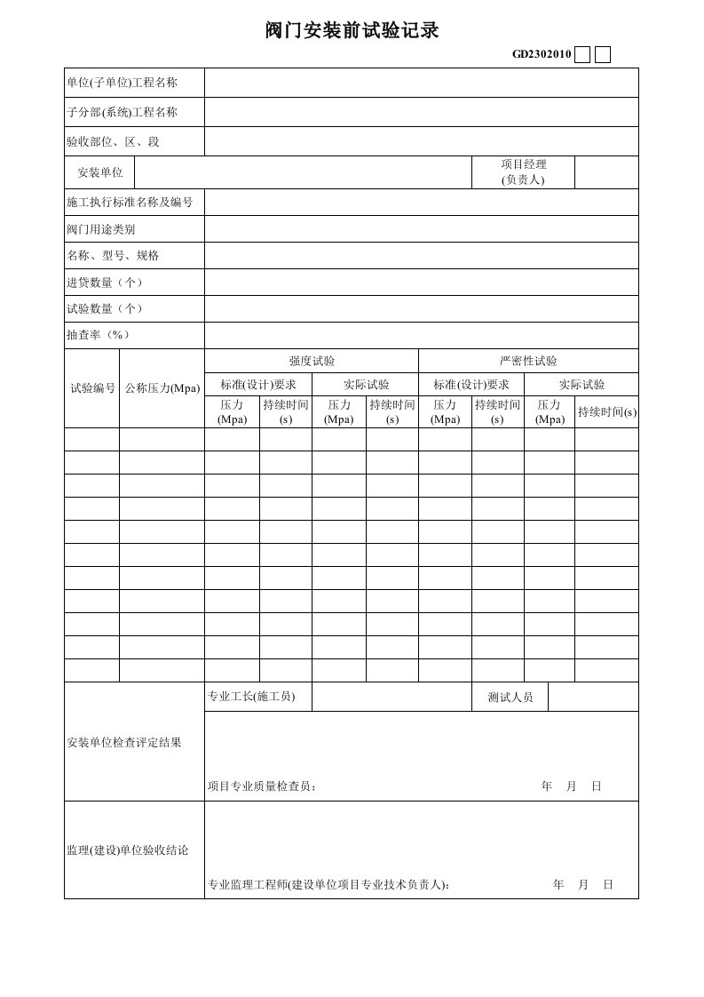 施工组织-10阀门安装前试验记录