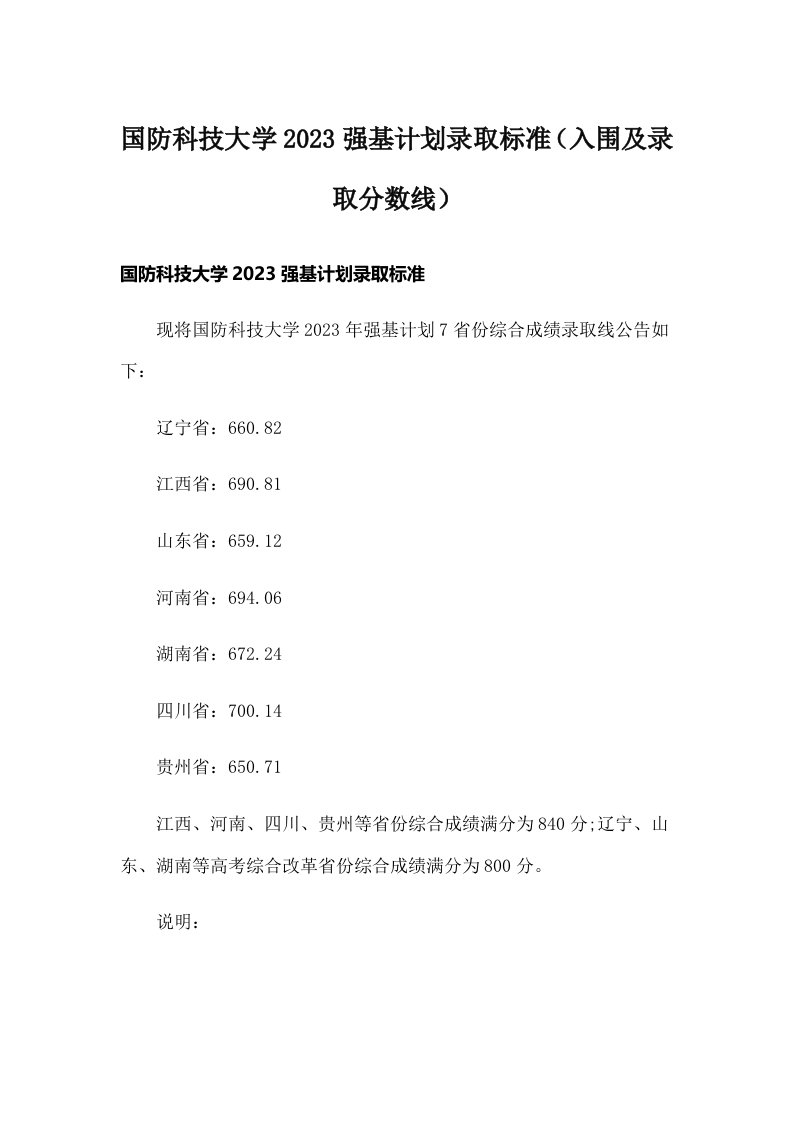 国防科技大学2023强基计划录取标准（入围及录取分数线）