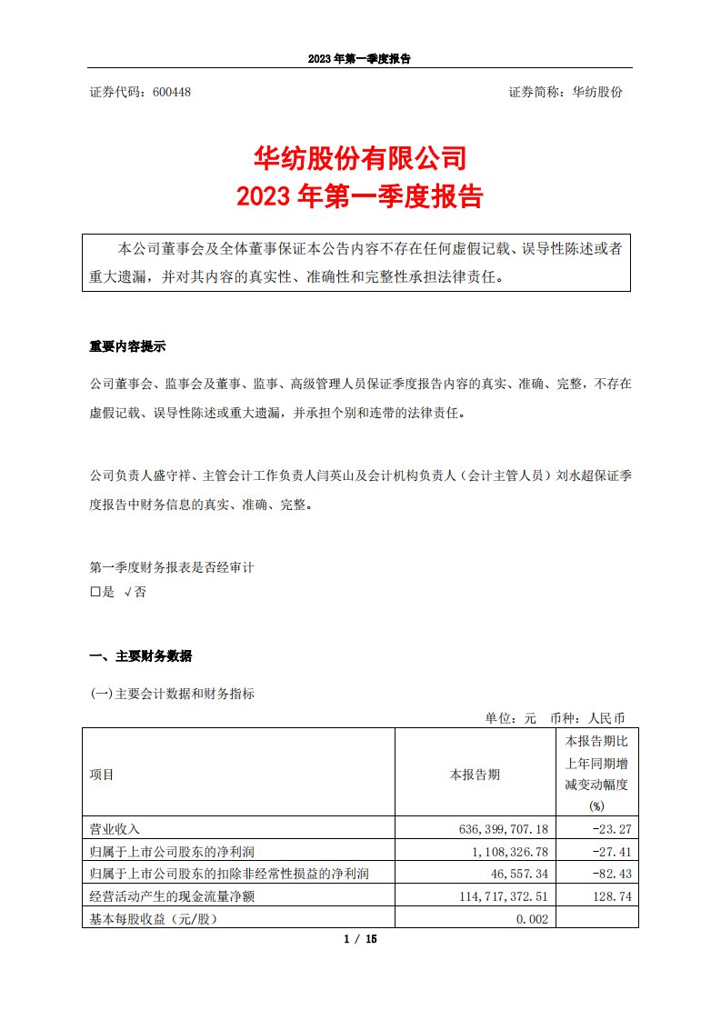 上交所-华纺股份：2023年第一季度报告-20230428