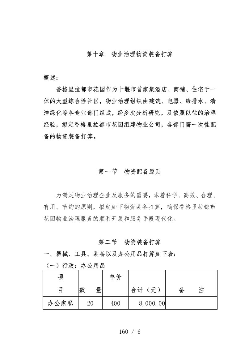 物业管理物资装备计划