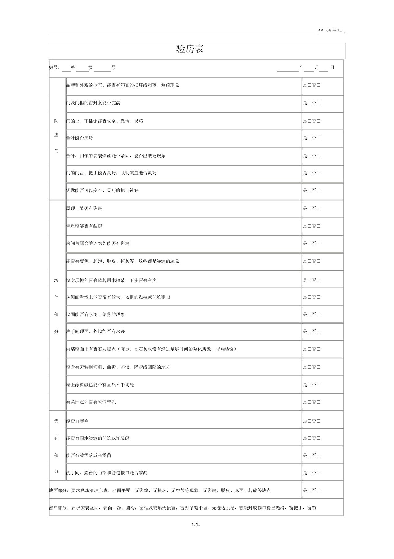 物业公司验房表格