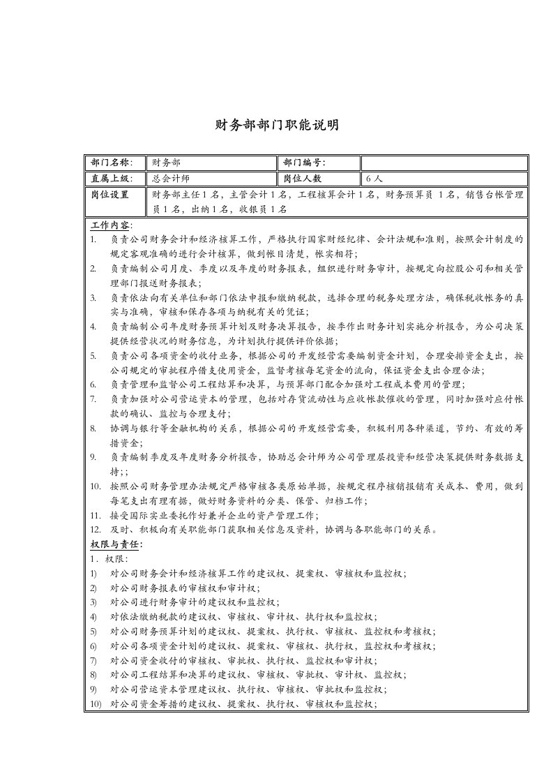 新疆国际置地公司财务部部门职能说明书