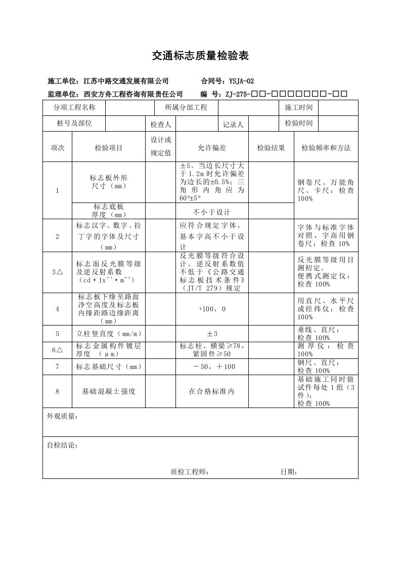 交通标志质量检验表