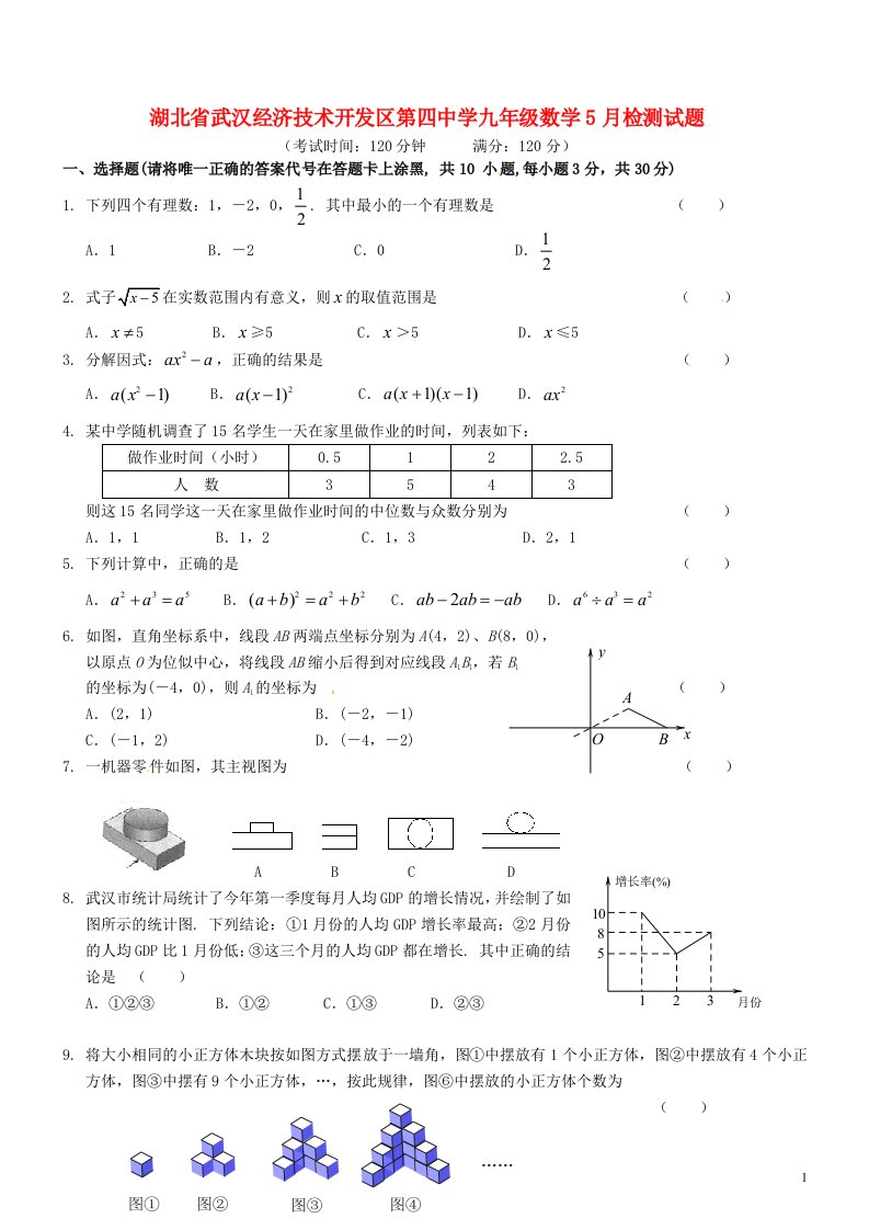 湖北省武汉经济技术开发区第四中学九级数学5月检测试题