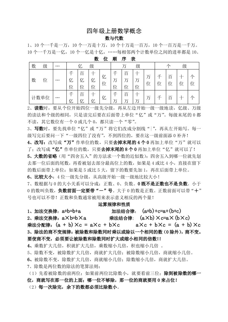 北师大版四年级数学上册概念复习整理