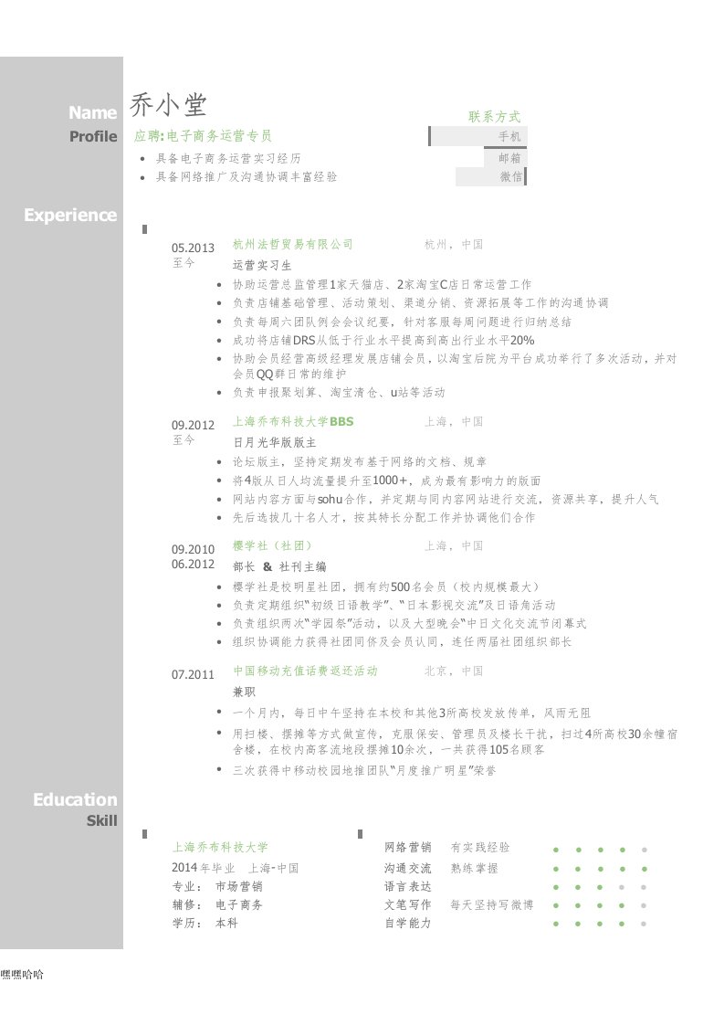 应聘电子商务运营岗位简历模板-精选