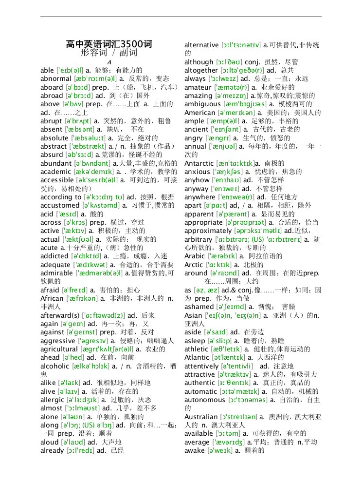 新课标高中英语词汇3500词形容词副词word版带音标