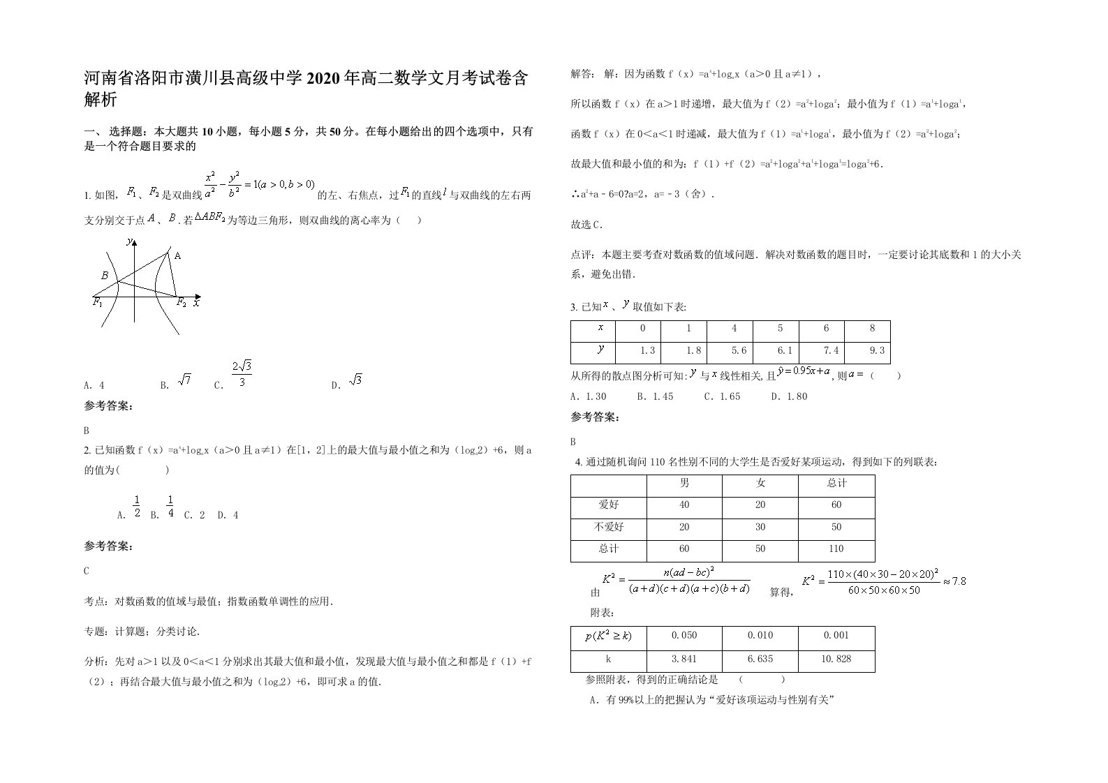 河南省洛阳市潢川县高级中学2020年高二数学文月考试卷含解析