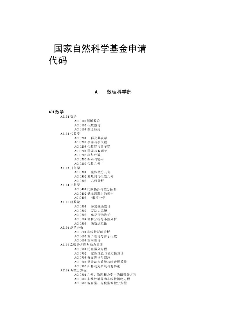 国家自然科学基金申请代码