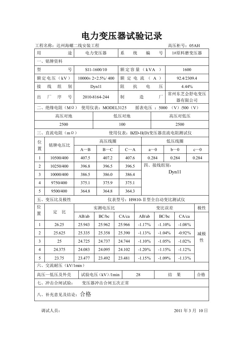 电力变压器调试记录