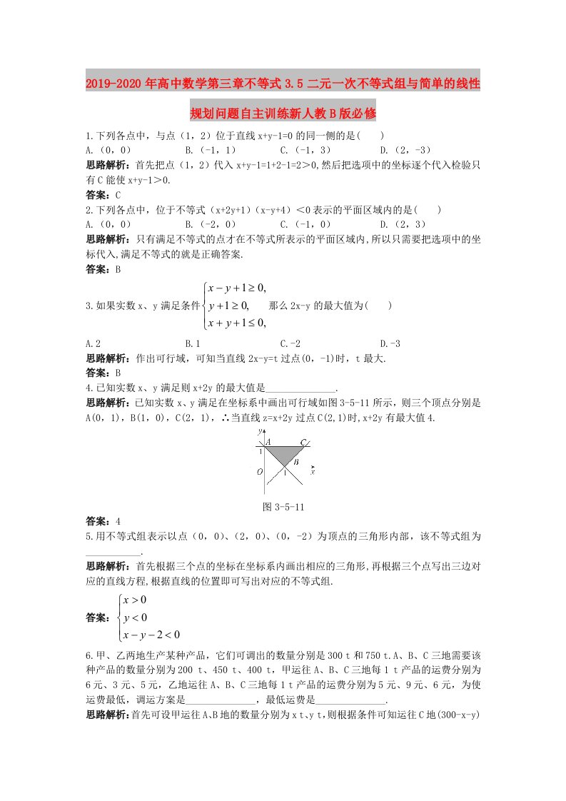 2019-2020年高中数学第三章不等式3.5二元一次不等式组与简单的线性规划问题自主训练新人教B版必修