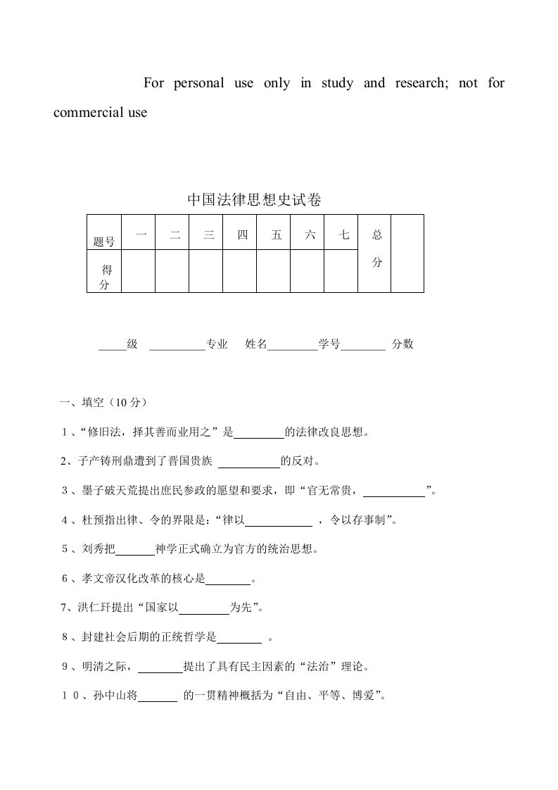 中国参考法律思想史试卷