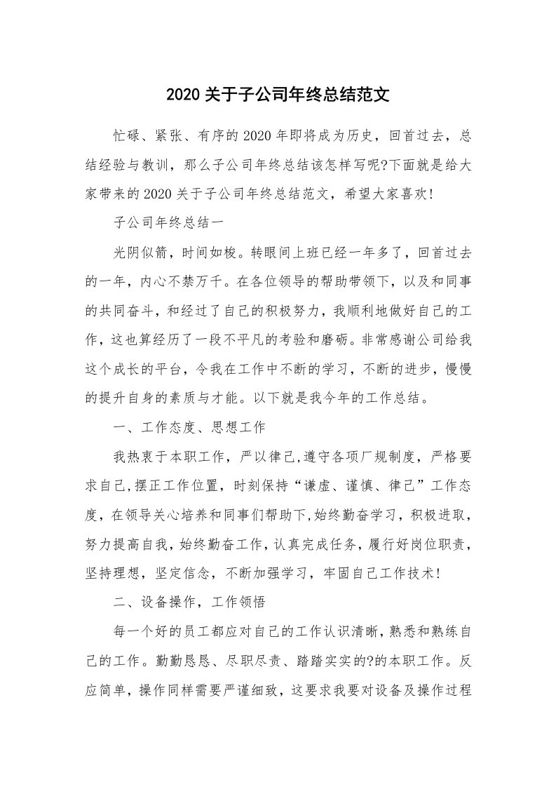 年终总结_2020关于子公司年终总结范文