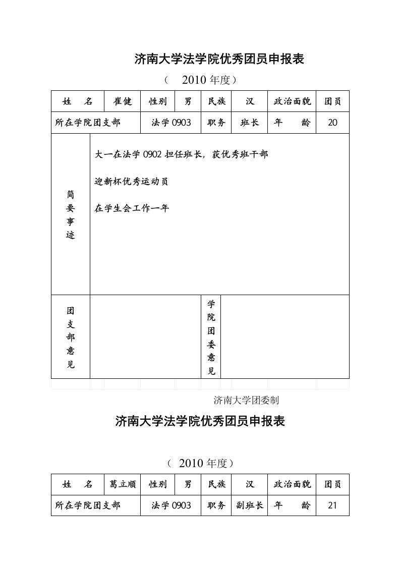 济南大学优秀团员申报表