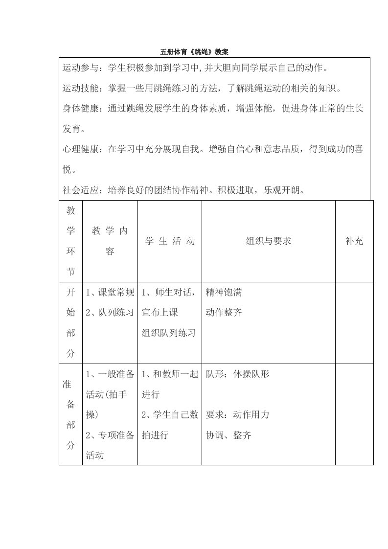 五册体育《跳绳》教案