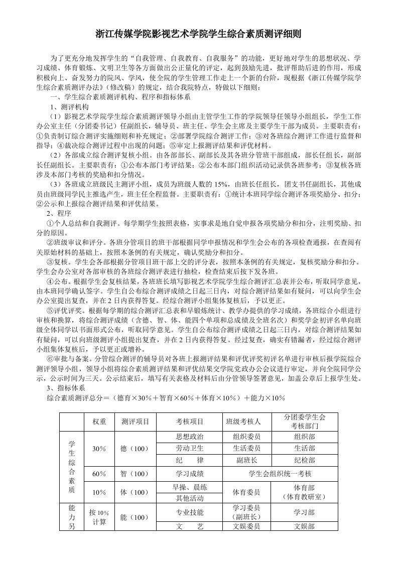 推荐-浙江传媒学院影视艺术学院学生综合素质测评细则