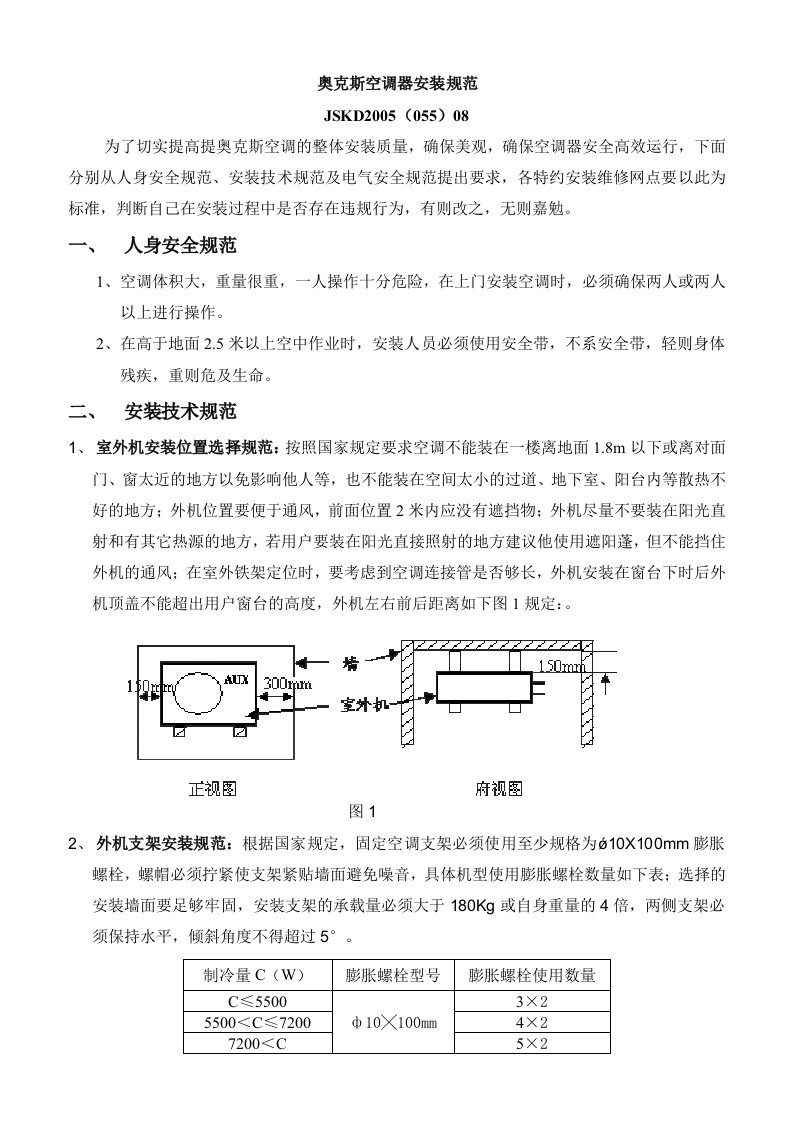 奥克斯空调器安装规范