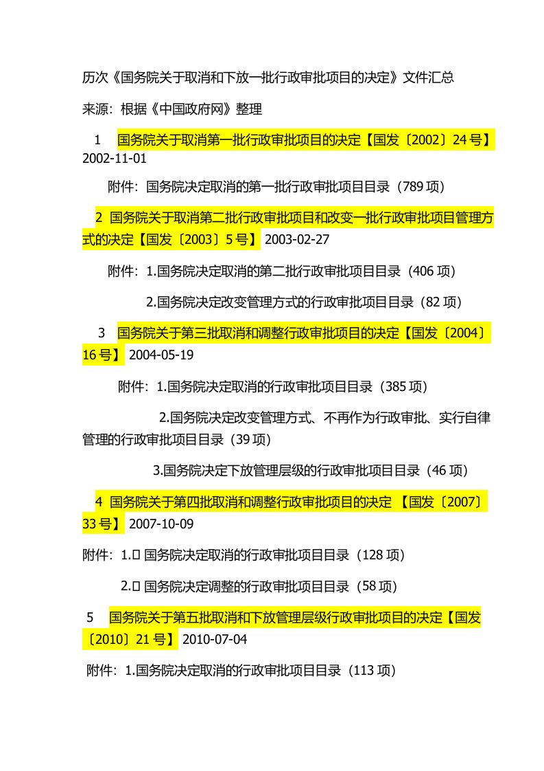 历次《国务院关于取消和下放一批行政审批项目的决定》文件汇总