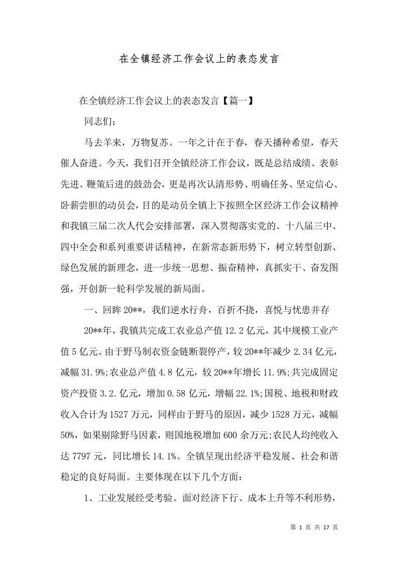 精选在全镇经济工作会议上的表态发言