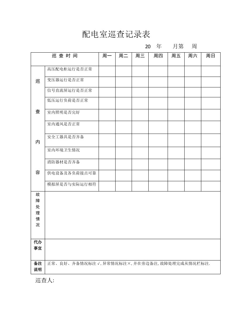 配电室巡查记录表