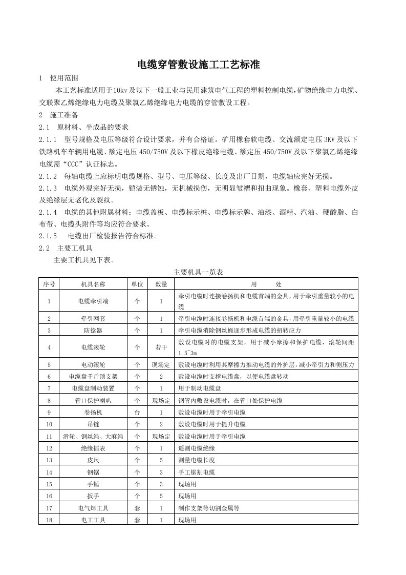 电缆穿管敷设施工工艺标准