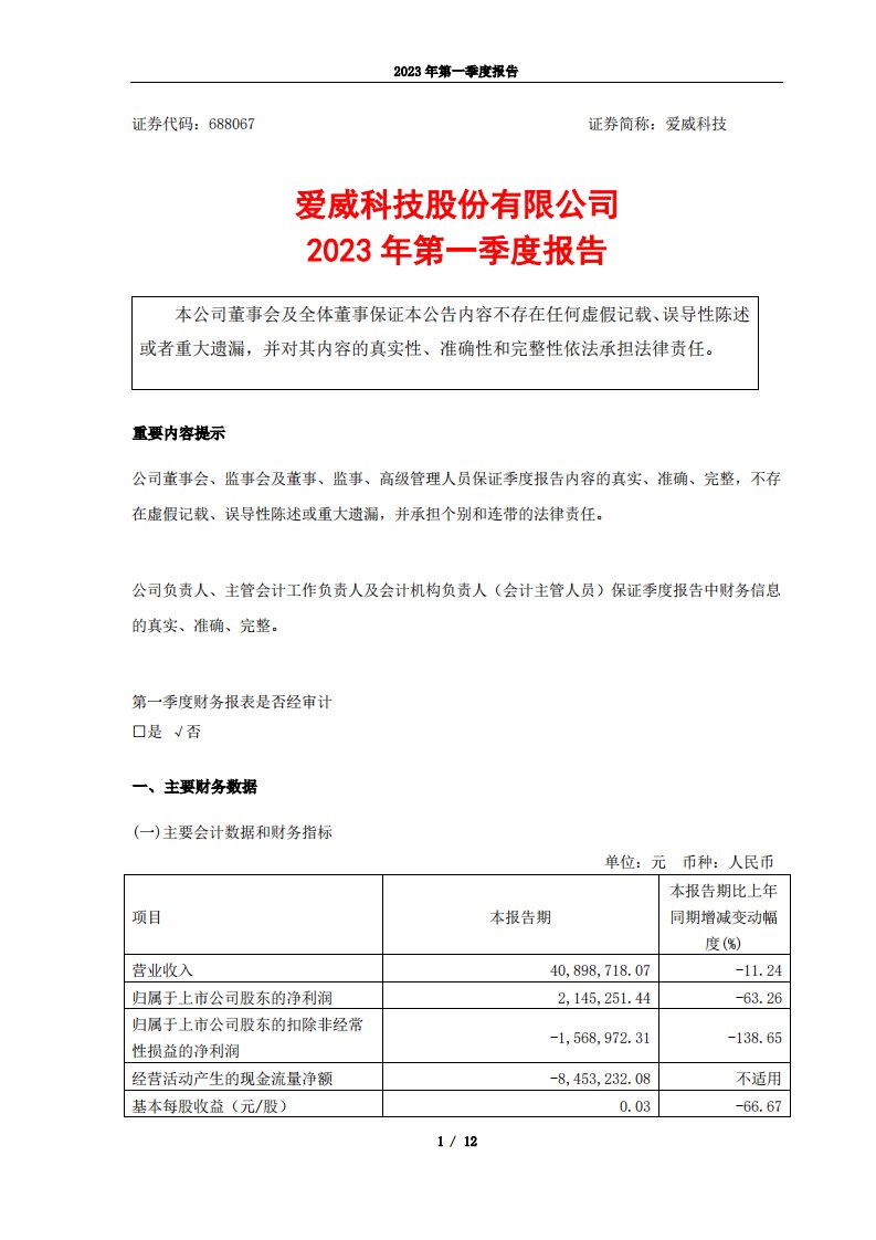 上交所-爱威科技2023年第一季度报告-20230426