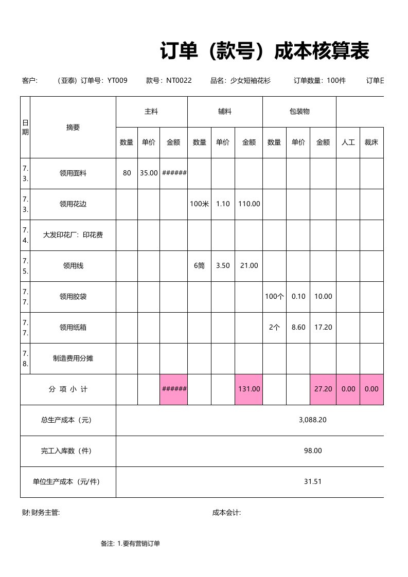 企业管理-122订单款号成本核算表