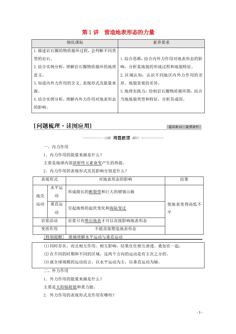 2022届高考地理一轮复习第1部分自然地理第4章第1讲营造地表形态的力量学案