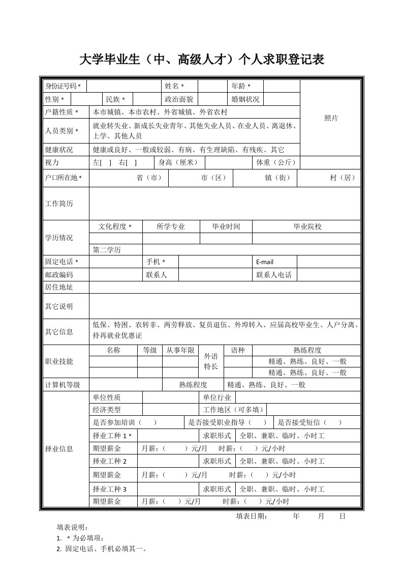 大学毕业生(中、高级人才)个人求职登记表