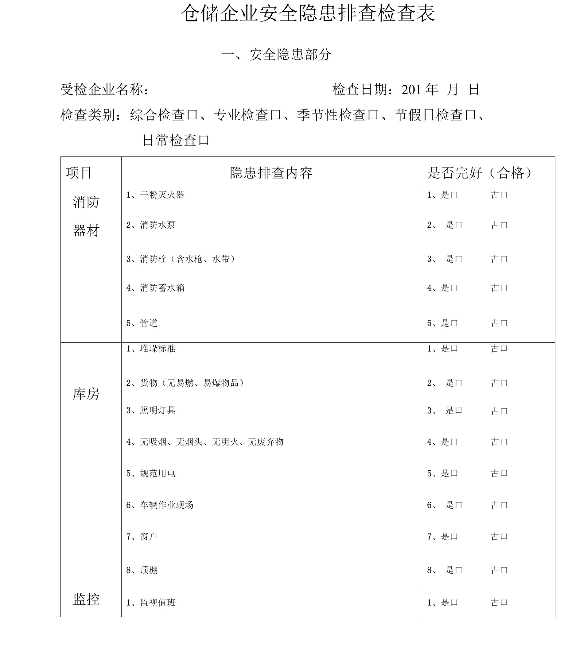 仓储企业排查检查表