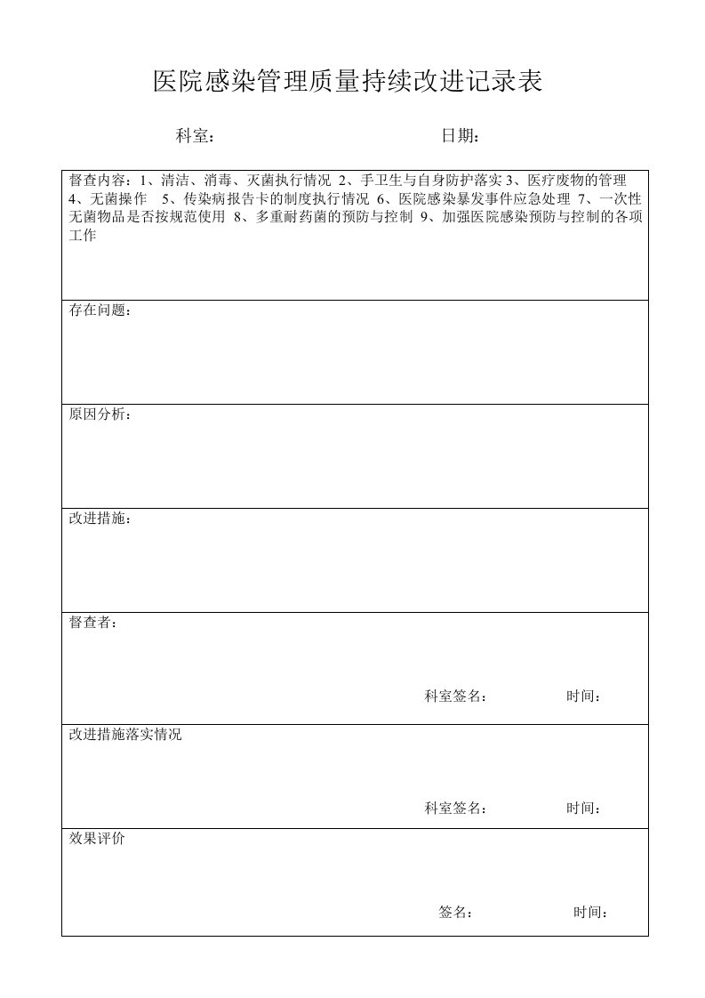 医院感染管理质量持续改进记录表