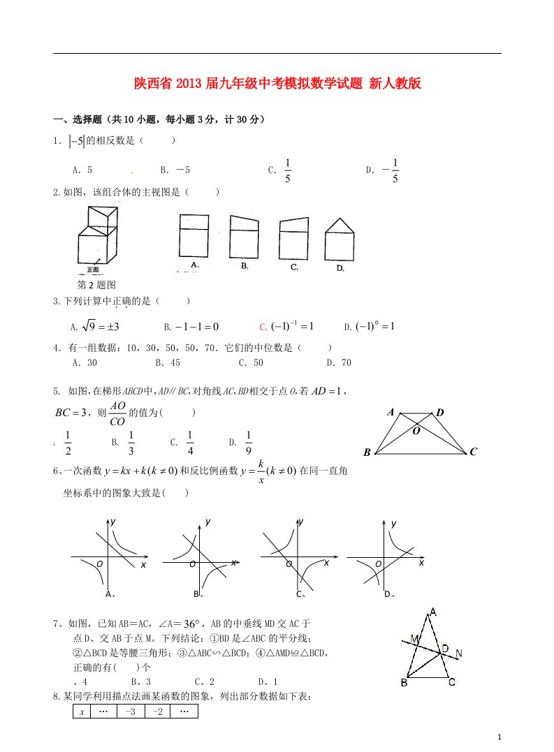 陕西省2013届中考数学模拟试题新人教版